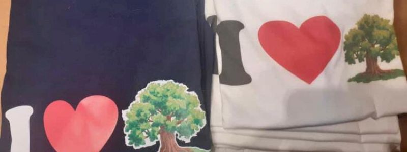 Maglietta T-shirt con il logo della scuola Grande Quercia disponibile nelle taglie per ragazzi e invito all'inaugurazione della quercia fotovoltaica