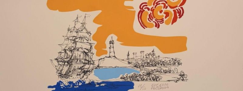 VERSO IL PORTO DI IVREA, serigrafia del pittore e muralista Eugenio Pacchioli / TOWARDS THE PORT OF IVREA, silkscreen by painter and muralist Eugenio Pacchioli